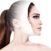 Surrealistic portrait front with cut out profile of woman.